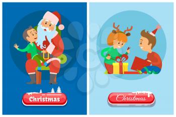 Christmas banner, button in snow, winter holidays, Santa Claus and kid sitting on his laps vector. Children unpacking gifts, girl with deer horns, boy in hat