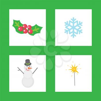 Christmas mistletoe, symbols of winter holiday isolated icons set. Snowman wearing bucket on head, sparkling lights and snowflake with ornaments ice