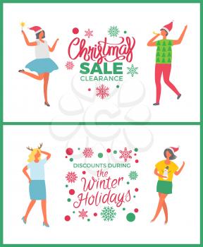 Christmas sale on winter holidays people partying vector. Clearance promotion of shops, reduction off price, woman and man dancing with bengal lights