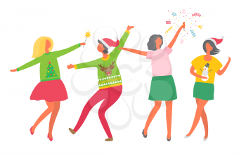 Christmas party of girls, woman New Year celebration in female company vector. Friends dancing throwing confetti and firing bengal light, dancers