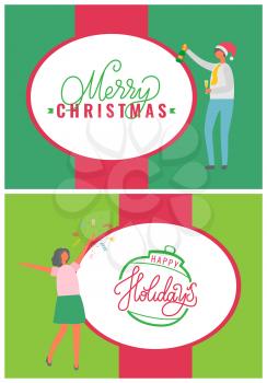 Merry Christmas and Happy holidays greetings and people. Party celebration with colleagues, vector. Man with glass of champagne, woman in Santa Claus hat