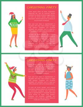 Christmas party, coworkers dancing at corporate fest celebrating New Year and Xmas holiday. Vector cartoon style people having fun, text sample frame