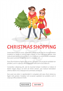 Christmas shopping poster, merry couple return, from shopping, Christmas tree and packages. Happy Young family getting ready to Xmas eve. Man and woman with spruce isolated vector