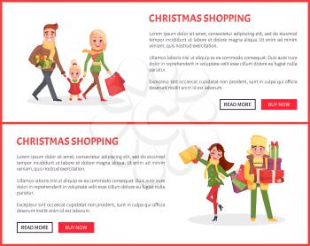 Christmas shopping of family and couple web pages vector. Mother and father holding children carrying packages to celebrate winter holiday approaching