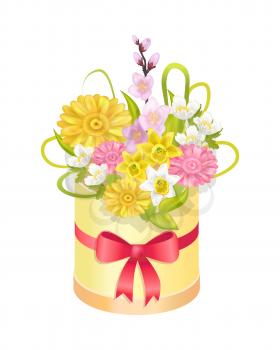 Cute bouquet with different flowers, colorful banner, vector illustration with festive box, red bow, chrysanthemums and irises, vector illustration