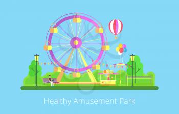 Healthy amusement park poster with greenery and ferris wheel fresh juice stall, balloons and headline, vector illustration isolated on blue background