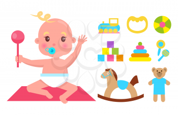 Cute infant wit blue nipple and pink rattle colorful banner isolated on white backdrop, set of toys, train teddy bear, horse ball and colorful cubes