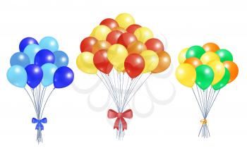 Collection bunches of helium colorful air balloons isolated on white background. Blown rubber inflatable balloon, multicolor creative elements with oxygen