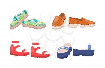 Shoes collection summer mode, set of footwear for women, summer mode with sandals and paris of shoes, vector illustration isolated on white background