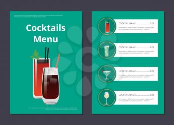Cocktails menu poster with Bloody Mary and whiskey cola and list of cocktail names with prices and ingredients, big choice of alcohol drinks vector