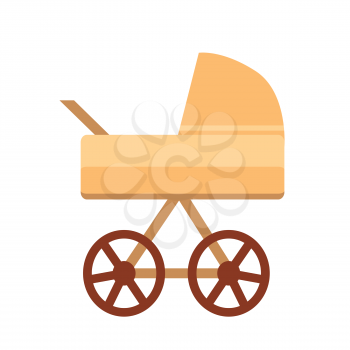 Baby stroller with wheels, baby stroller of sand color with handle, perambulator for little kids and newborn child, isolated on vector illustration