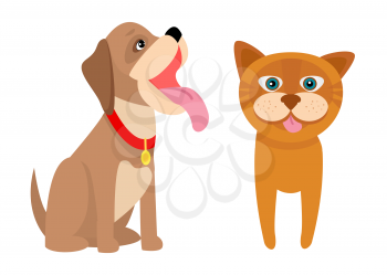 Dog and kitty poster, banner with dog and cat, pets collection, doggy and kitten with pink tongues, vector illustration isolated on white background