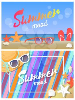 Summer mood posters, colorful vector illustrations, summer accessories, sunglasses and cute female hat, sea stars, striped backdrop, sandals pair