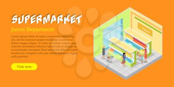 Supermarket juices department isometric projection banner. Customers choosing goods in grocery store trading hall vector illustration. Daily products shopping horizontal concept for mall landing page