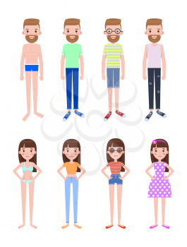 Male and female characters in summer outfits set. Girl and guy in stylish casual clothes. Bearded man and pretty woman isolated vector illustrations.