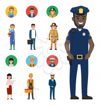 Professions people vector icons set. Different profession cartoon characters in uniform with instruments and implements isolated on white. Occupations flat illustration for labor day, job concepts