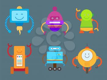 Robotic creatures collection, set of robots with antennas, expressions and hands, scientific creation, vector illustration isolated on grey background