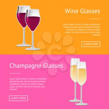 Wine and champagne glasses set of web posters with push button learn more, vector illustration of glassware with winery drinks on color backdrops