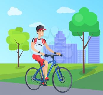Smiling man on blue bike vector illustration, colorful banner with city landscape, two green trees and grass, cute cap and t-short, red sport shorts
