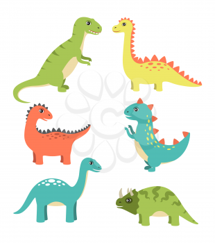 Dinosaurs types collection, types of dinosaurs, triceratops and sauropods, dinos with spikes and sharp teeth, vector illustration isolated on white