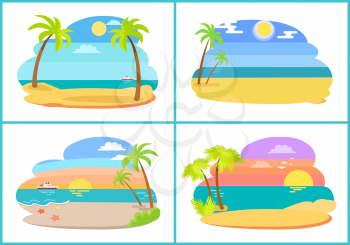 Seaside and beach collection of images with palm trees and sun, water and sand, starfish and ship, seaside vector illustration, isolated on white
