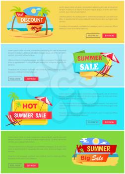 Summer sale websites collection, summer sale and best discount, ribbons and headlines, text sample vector illustration isolated on yellow and blue