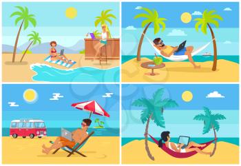 Men and women freelance on beach in summer set. Freelancers on deck chairs and hammocks with laptops at beaches under palms vector illustrations set.