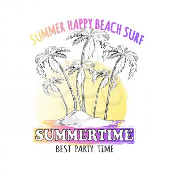 Best time for summer parties vector colorful illustration in graphic design of exotic palm trees growing on island surrounded by water