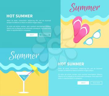 Hot summer web posters set with martini glasses, flip-flops and sunglasses on seaside vector illustration banners on blue background