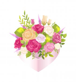 Bright poster with elegant bunch with flowers, vector illustration isolated on white background, varied roses and lilac, green leaves and petals
