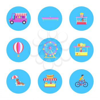 Amusement park icons collection, circled images of cotton candy, table tennis, biker and woman, ferris wheels and food stalls, vector illustration