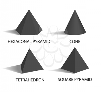 Hexagonal pyramid, geometric shapes, cone and tetrahedron, square pyramid, shapes with headlines and titles, vector illustration isolated on white