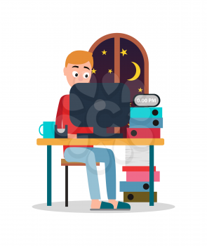 Working at night young man multicolored poster, vector illustration with busy person that sitting by table with black computer, lot of color folders