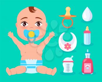 Cheerful child with blue nipple in mouth isolated on bright green background, vector illustration with three bottles, cute bib, kid in blue diaper
