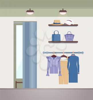 Vogue clothes shop, color vector illustration, pair of handbags on shelf, cute hat and white cap, vogue dress collection, lilac shirt, dressing room