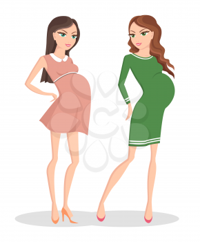 Two beautiful pregnant women in pretty dresses, comfortable clothes for awaiting baby girls, pink and orange heeled shoes, color vector illustration