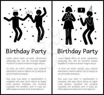 Birthday party posters with people that drink and eat cake with candles isolated cartoon vector illustrations and sample texts on white background.