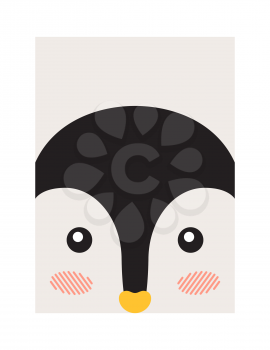Penguin closeup animal face, vector illustration, white and black animal with cute yellow beak, pink blushes, round sparkled eyes, bright background