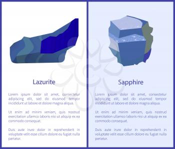 Lazurite and Sapphire precious gemstones, variety of minerals corundum, an aluminium oxide. Blue gem stones sapphire and lazurite vector posters set