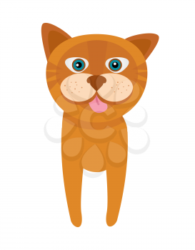 Cat with pink tongue poster, kitty and whiskers, cat of brown color with good mood looking straight, vector illustration isolated on white background