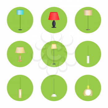 Electricity lamps isolated in green circles set, vector illustration standard-lamps, different form lamps, light bulbs, varied shape stands and covers