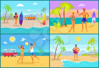 Nature in summer collection, couple with ball, people drinking, summer resort, man with lifebuoy and woman holding surfing board vector illustration