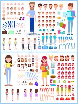 Character man and woman constructor, constructor with emotions and faces, skin color and accessories, vector illustration isolated on white background