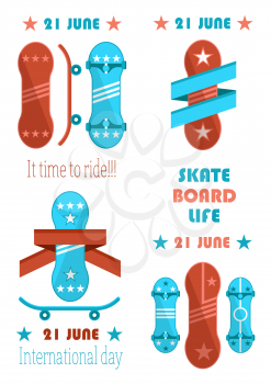 21 june skate board life, it time to ride vector illustration, skateboards set, red and blue boards with stripes and stars prints, no limit freestyle