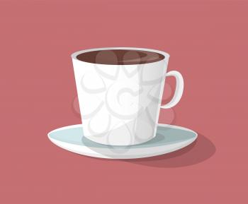 Cup of coffee beverage with plate of white color, aroma coffee poured in mug, drink for energy gain vector illustration isolated on red background