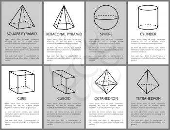 Square hexagonal pyramid, sphere cylinder cube cuboid octahedron tetrahedron geometric shapes projections, symmetric figures with dashes and lines vector