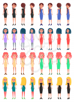 Young pretty women in elegant stylish dresses set. Women in fashionable outfits. Girls in colorful dresses with neat hairstyles vector illustrations.