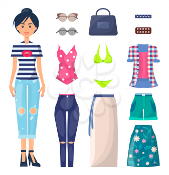 Young girl in ripped jeans with spare clothes. Girl in casual clothes with summer looks, bright swimwear and stylish accessories vector illustrations.