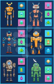 Six robots, icons set, color vector illustrations, humanoids with antennas and lamp on heads, cables hands, radio waves, colorful squares, droids set