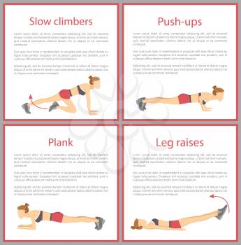 Slow climbers and push ups set of tabata exercises, posters collection with text sample and tabata exercises vector illustration isolated on white